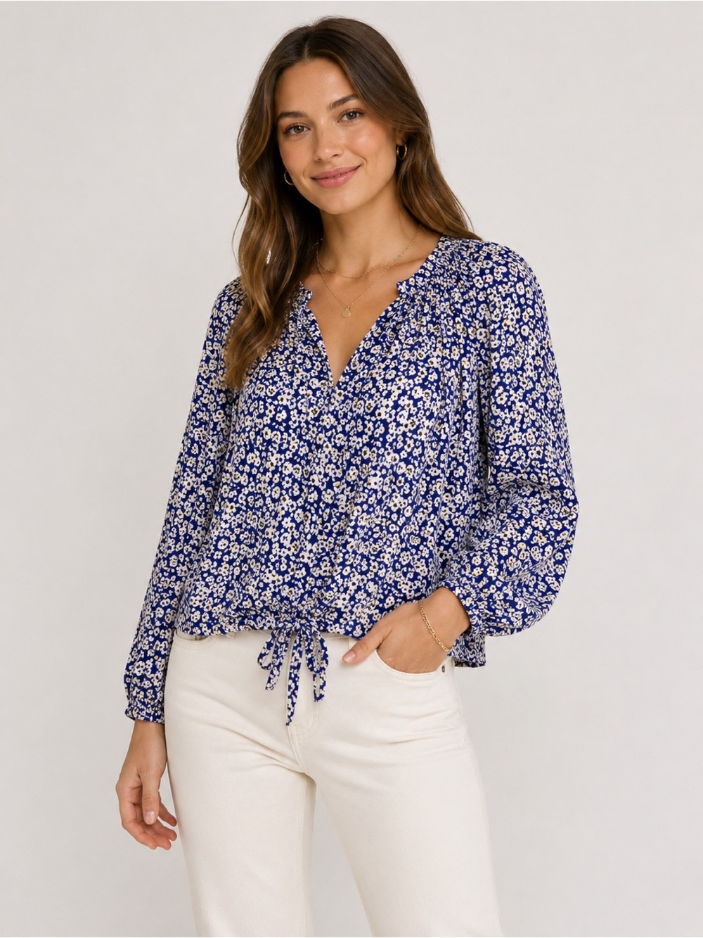 Collective Concepts Blue Floral Tie Front Peasant‎ Blouse Cottagecore Boho SP
